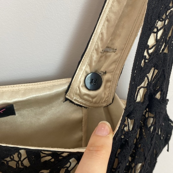 Y2K Betsey Johnson Black Lace Over Tan Satin Babydoll Mini Dress size 2 - Picture 14 of 15
